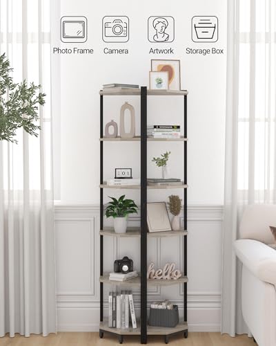 Hzuaneri Corner Shelf Stand, Corner Bookshelf, Storage Standing Shelf Unit with Metal Frame, Plant Stand, Bookcase for Living Room, Home Office, Bedroom, 6-Tier Greige CS06005B - color: Greige, size: 6 Tier