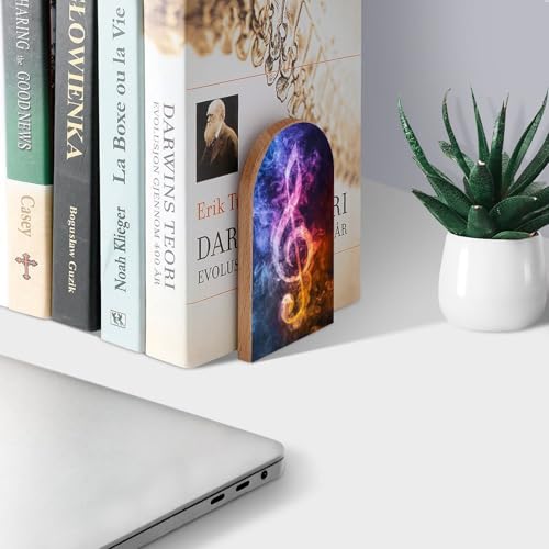 Abstract Music Clef Book Ends Decorative Wood Bookends for Shelves Kids Room Desk Home Office Book Stoppers for Books, DVDs, 1 Pair/2 Pieces(5x3.1 in) - color: Abstract Music Clef