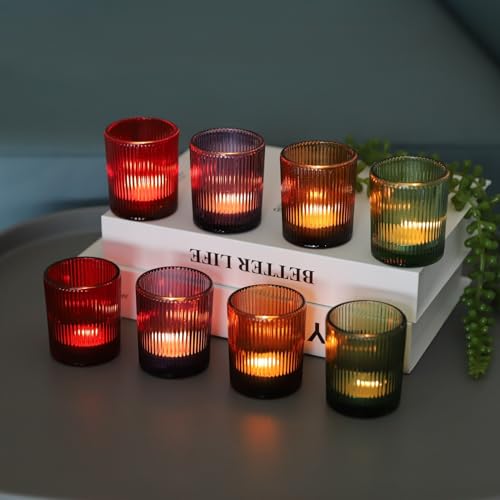 VOHO 4 Colors Ribbed Votive Candle Holders for Fall Decor, Set of 12 Tealight Candle Holder Easter/Halloween/Thanksgiving Decorations, Christmas Tea Light Candle Holder Glass Dining Table Centerpiece - color: Multicolor
