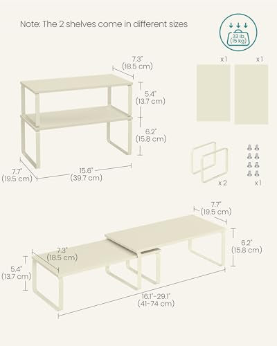SONGMICS Cabinet Organizer Shelf, Set of 2 Kitchen Counter Shelves, Kitchen Storage, Spice Rack, Stackable, Expandable, Metal and Engineered Wood, Cream White UKCS200W02 - color: Cream White, size: 15.6"W