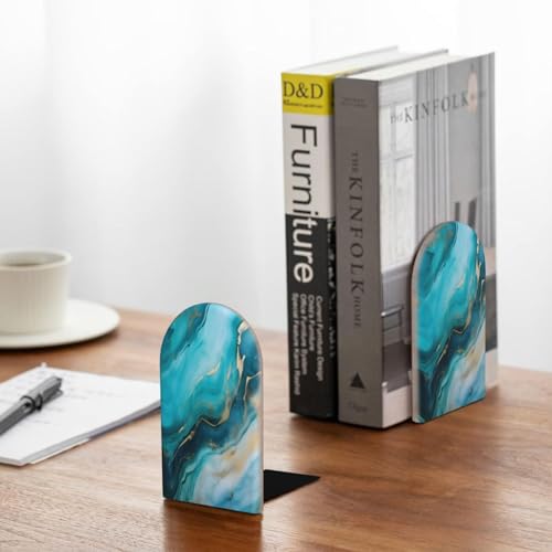 Decorative Bookends 2 Pcs Teal Turquoise Liquid Marble Wood Bookends for Shelves Heavy Books Kids Non-Skid Book Ends Stoppers for Office Desk Kitchen School - color: Teal Turquoise Liquid Marble