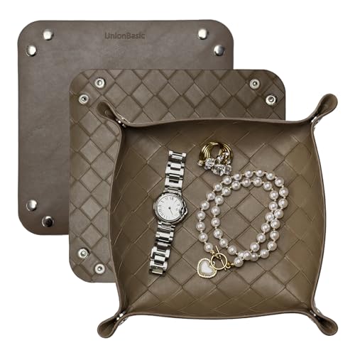 UnionBasic Small Valet Tray, Jewelry Tray for Rings Watches Earrings, Entryway Catchall Caddy for Coins Keys Change, Nightstand Bedside Valet Holder, Trays for Electronic Gadgets, Woven Tobacco Brown - color: Woven Tobacco Brown, size: 5.4" x 5.4" x 1.6"