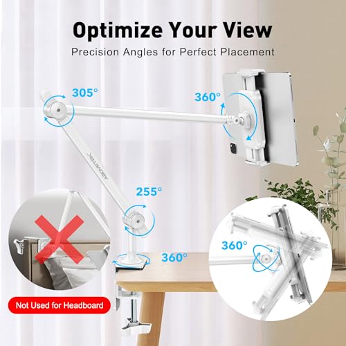AboveTEK Tablet Stand Holder for Desk & Bed, Aluminum iPad Holder Arm with 360° Rotating Clamp, Adjustable Phone Stand Compatible with 4.7"-13.5" iPad Pro/Air/Mini, iPhone, Galaxy Tab- White - color: White
