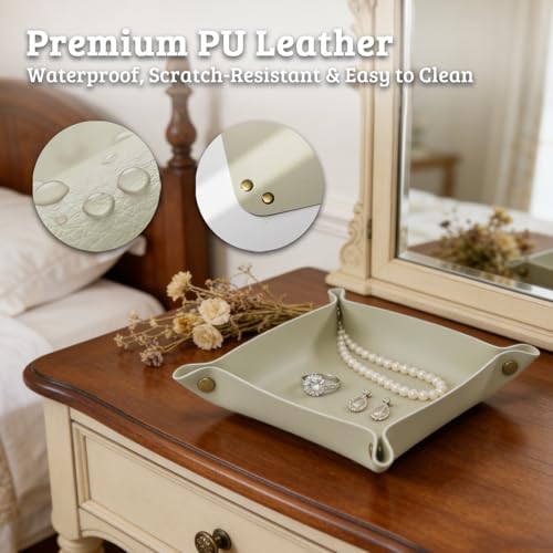 3 PACK PU Leather Jewelry Valet Tray Organizer, Foldable & Portable Catch All Bowl for Entryway Table, Nightstand, Desk & Travel | Storage Dish for Keys, Watch, Coin, Glasses (Beige Green) - color: Beige Green