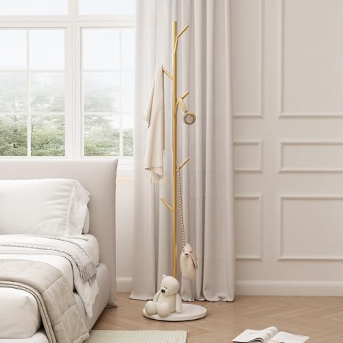 Gold Coat Rack Freestanding, Metal Coat Tree with Marble Base, Coat Rack Stand with 8 Hooks, Entryway Coat Stand for Hanging Clothes, Hats, Bags - size: 67in-bra
