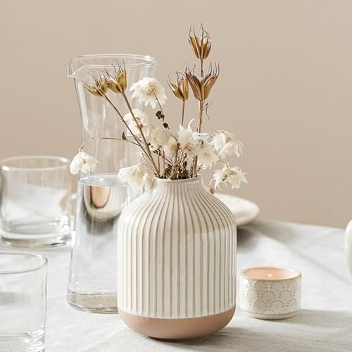 Boho Farmhouse Small Ceramic Vase for Pampas Grass & Flowers - 5.3 Inch Rustic White Vase, Centerpiece for Eucalyptus, Tiny Stems & Bouquets with Embossed Lines - style: Lines