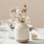 Boho Farmhouse Small Ceramic Vase for Pampas Grass & Flowers - 5.3 Inch Rustic White Vase, Centerpiece for Eucalyptus, Tiny Stems & Bouquets with Embossed Lines - style: Lines