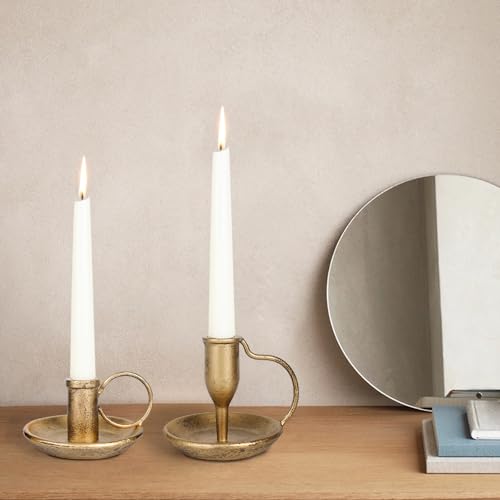 Iron Taper Candle Holder Set of 2 Antique Brass Candlestick Holders Vintage Decorative Candles Stand for Wedding Party Decoration Dinning Table Housewarming Gift - color: Brass