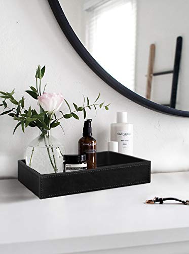 HofferRuffer Faux Leather Vanity Tray, Elegant Desktop Storage Organizer, Decorative Catchall for Perfume, Bathroom Valet, Nightstand or Dresser, Black, 10.2 x 8.4 x 1.8 Inches - color: Black, size: 10.2" x 8.4" x 1.8"