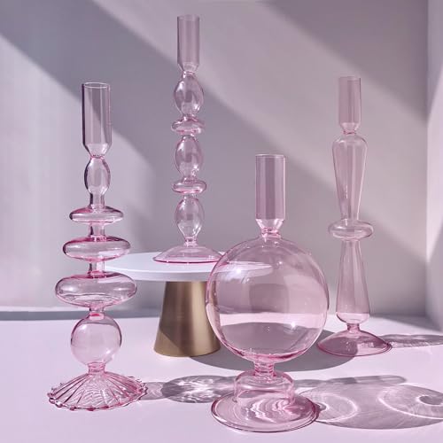 Candle Stick Candle Holder, Glass Candle Holders for Table Centerpiece, Modern Style Pink Candle Holder Mixed 4pcs - color: Pink