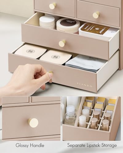 Vlando Makeup Organizer Countertop,Large Vanity Organizer PU Leather Make up Storage with 4 Drawers Skin care Organizer Cosmetic Display Case for Lipstick,Brushes,Bedroom-Toffee - color: 4 layers-Toffee