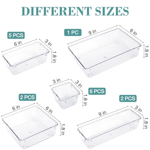 StorMiracle 16 PCS Drawer Organizer Set, 5 Varied Size Bathroom and kitchen Drawer cabinet organizer Trays, Clear Storage Bins for Makeup, Jewelry, Utensils and Gadgets - color: Clear, size: 16 PCS