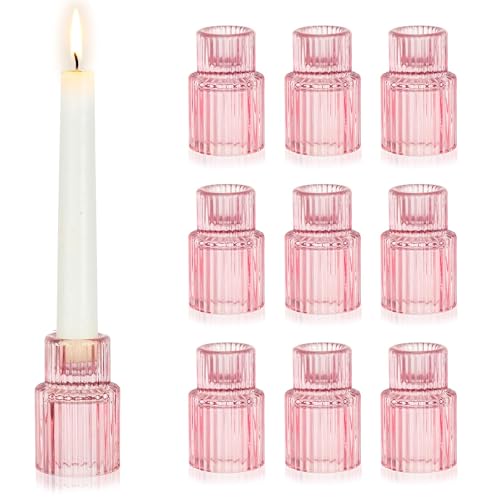 Hewory Glass Pink Candle Holder: 10PCS Valentines Taper Candle Holders for Table Centerpiece, Tapered Candlestick Holders for Valentines Day Decorations Gifts Anniversary Wedding Holiday Home Decor - color: Pink, size: 10PCS