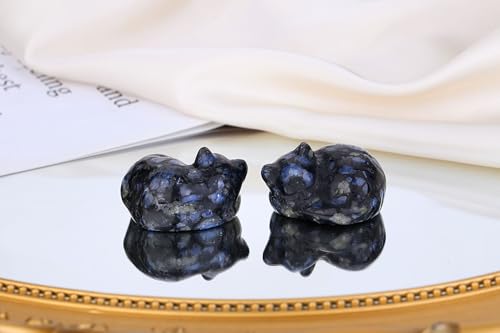 QINJIEJIE Blue Labradorite Cat Crystal Natural Healing Stone Sleeping Cat Statue Stone Figurine 1.6''Carved Polished Gemstones Decors Office Room Home Desk Decoration for Men Women Lovers - color: J-bule Labradorite, size: 1.5 inches