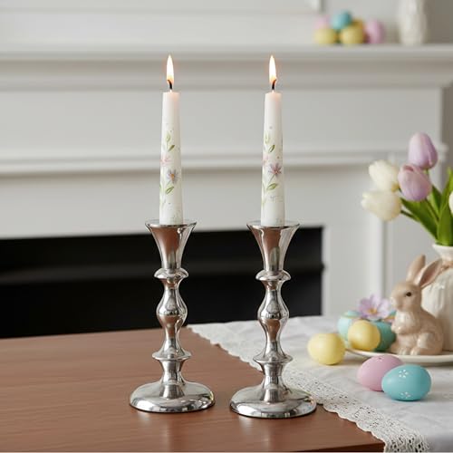 Rely+ Silver Candle Holders Set of 2 Decorative Centerpiece Table Candlesticks Holders for Taper Candles Home Decor Easter Candle Holders for Dinner Party Wedding Decorations - color: Silver