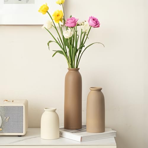 10.4 inches Tall Decorative Ceramic Vase Set, 3 Pieces, Nordic Modern Boho Style, White, Modern Farmhouse for Home Decor (Coffee Mix) - color: Coffee Mix