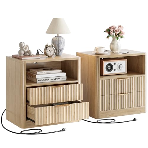 IRONCK Fluted Night Stand Set of 2, Modern Nightstand with Charging Station, Drawers and Open Shelves - Bedside Table Wood Side Table Set for Bedroom, Oak - color: Oak