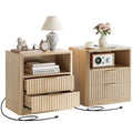 IRONCK Fluted Night Stand Set of 2, Modern Nightstand with Charging Station, Drawers and Open Shelves - Bedside Table Wood Side Table Set for Bedroom, Oak - color: Oak