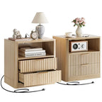 IRONCK Fluted Night Stand Set of 2, Modern Nightstand with Charging Station, Drawers and Open Shelves - Bedside Table Wood Side Table Set for Bedroom, Oak - color: Oak