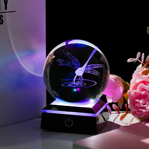 Qianwei Dragonfly Gifts for Women 3D Crystal Ball 3.14'' - Laser Dragonfly Decor Glass Animals Dragonfly Gifts Figurines Statue Stuff for Room Decorations Dragonfly Night Light - style: Dragonfly