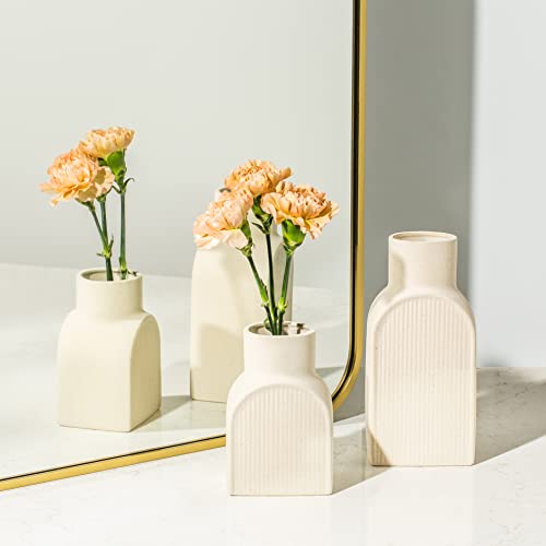 Ceramic Ribbed Vases - 2 Piece Set, Small and Large Vase, Bottle Flower Planter Set. Scandi Style Home Decor. Neutral Cream Home Decor, Coastal Decor for Home, Centerpiece for Table