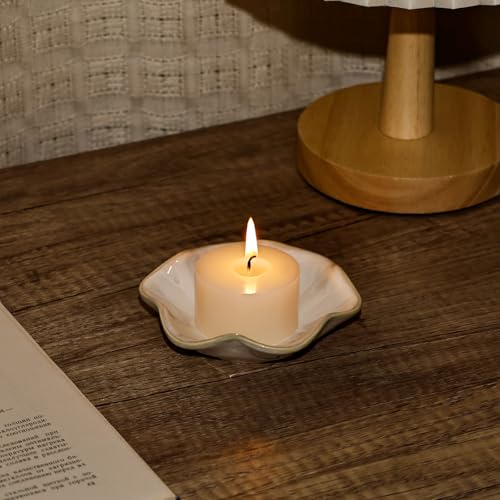 Koythin 2-Piece Ceramic Candle Holder, Aesthetics Candlestick Holders for Tea Lights, Lotus Leaf Shape Candle Stand for Mantle Table, Adorable Vintage Decor for Weddings Dining (Milky White) - color: Milky White