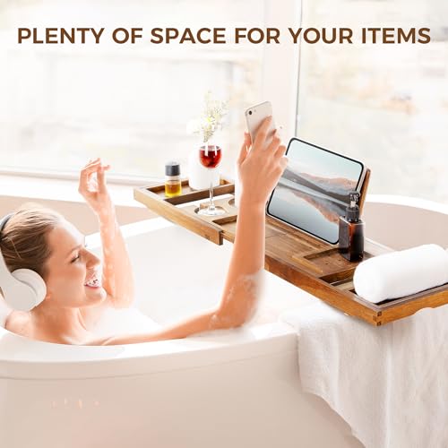 Teak Bathtub Tray - Luxury Bath Tray with Expandable Handles, Wine Glass and Phone Holders, Book Stand - Perfect for Home Spa Relaxation and Reading - Natural Bath Accessories - Light Walnut Color - color: Light Walnut-expandable