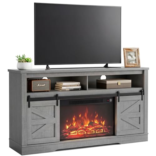 YESHOMY Fireplace TV Stand for Television up to 65+ Inch with Storage and Farmhouse Sliding Barn Doors, Entertainment Center with Cabinet and Shelves, Media Console for Living Room,Rustic Gray - color: Rustic Gray, style: Sliding Barn Doors Fireplace TV S