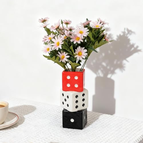 Tnstbiee Triple Dice Vase - Unique Ceramic Small Vase with Wide Mouth | Modern Decorative Flower Vase for Living Room | Perfect for Fresh,Pampas Grass,Roses & Utensils | Ideal Gift for Art Enthusiasts - color: Red, White and Black Dice Vase