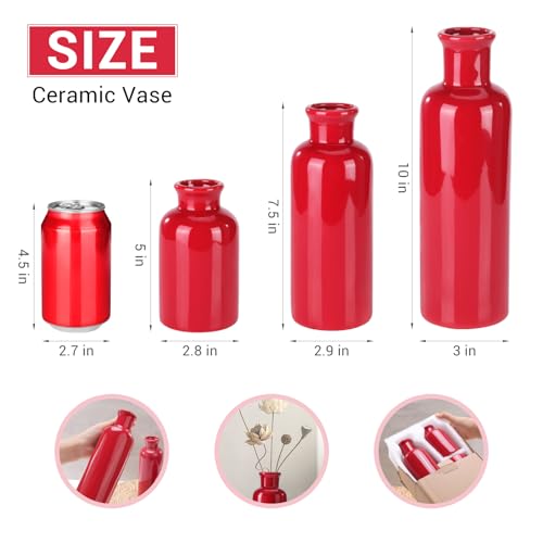 Small Ceramic Vase Set of 3, Boho Modern Flower Vase Room Decor, Farmhouse Decor, Vases for Your Kitchen, Bathroom, Bedroom, Living Room, Office&Shelf Centerpiece Table Decorations, Red - color: Red