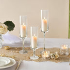 Koyal Wholesale Tall Skinny Floating Candle Holders, Modern Raised Slim Glass Hurricane Pedestal Candles Holder for Weddings, Centerpieces, Home Decor, Parties (Set of 3)