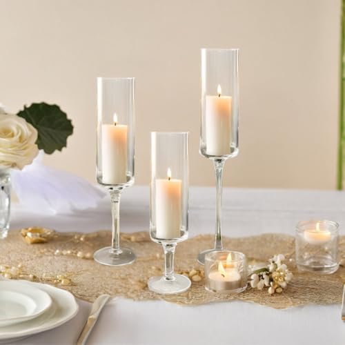 Koyal Wholesale Tall Skinny Floating Candle Holders, Modern Raised Slim Glass Hurricane Pedestal Candles Holder for Weddings, Centerpieces, Home Decor, Parties (Set of 3)