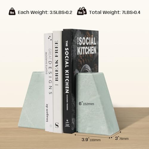 Marble Bookends for Shelves, Decorative Book Ends, 10lbs Heavy-Duty Marble Book Holders, Stone Bookshelf Decor, Light Green - color: Light Green, size: 10LB