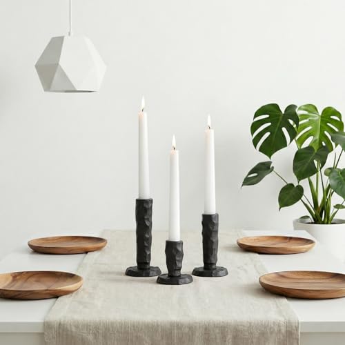 Sziqiqi Black Iron Candlstick Holders: Cast Iron Taper Candle Holder for Candlesticks - Hammered Short Candleholder Set of 3 for Dining Table Mantle Fireplace