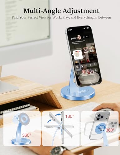 Aoviho Magnetic Phone Stand for Desk – 360° Rotating Aluminum Phone Holder, Stable Desk Stand for Office, Home & Kitchen, Compatible with iPhone 17 Pro Max 16–12 Series and MagSafe Cases, Sky Blue - color: Sky Blue