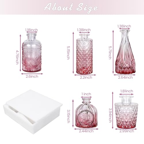 TBWIND Pink Day Glass Bud Vase Set of 5, Small Flower Vases for Centerpieces in Bulk, Mini Vintage Vase for Wedding Decor, Single Flowers, and Home Table Décor - color: 5pcs-pink