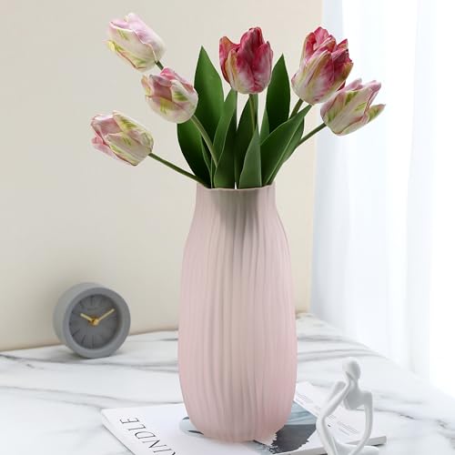 Large Ribbed Glass Vase 12in Frosted Pink Elegant Decorative Vases for Home Flowers Arrangements, Centerpieces, and Modern Décor - color: Frosted Pink, size: H-12.0IN