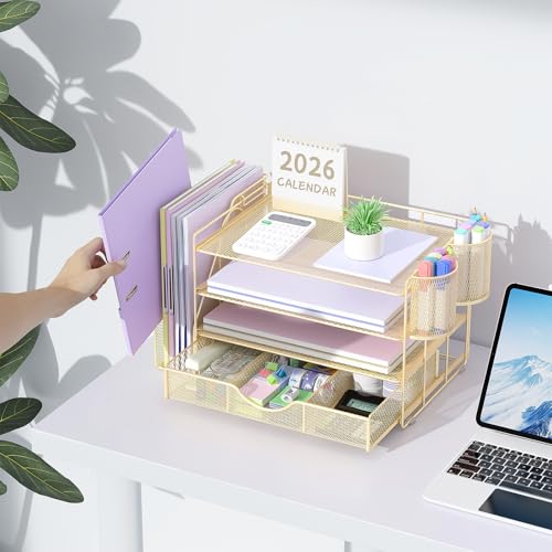 gianotter Desk Organizers and Accessories with File Holder, 4-Tier Desk Accessories & Workspace Organizers with Drawer and 2 Pen Holder, Paper Organizer for Office Supplies(Gold) - color: Gold
