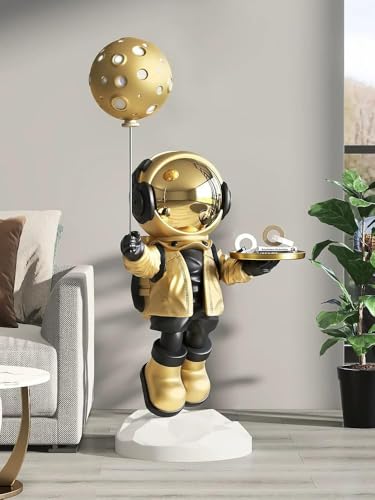 Large Astronaut Statue, Astronaut Sculpture, Astronaut Decoration, Cool Metal mask Decor, Floor Sculpture, Suitable for Living Room, Bedroom, Stores, etc., Tray can be Used for Storage - color: Glossy Gold