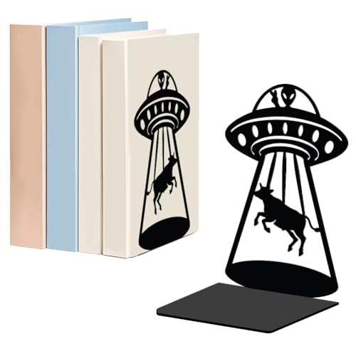 WADORN 1 Pair Alien UFO Cow Metal Decorative Bookend for Shelves, Heavy Duty Book Ends Modern Non-Skid Books Holder Stand Black Book Support Stoppers for Desk Bookshelf Office Home, 5.3x4.3x7.8 Inch - color: Alien Ufo Cow