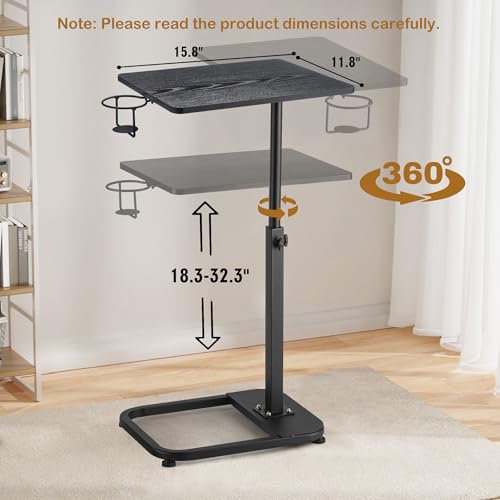 facka Multi-Functional C-Shaped End Table for Couch & Bed, Adjustable Height TV Tray, Stable Laptop Desk, Space-Saving Snack Side Table with Rounded Metal Corners - color: Black