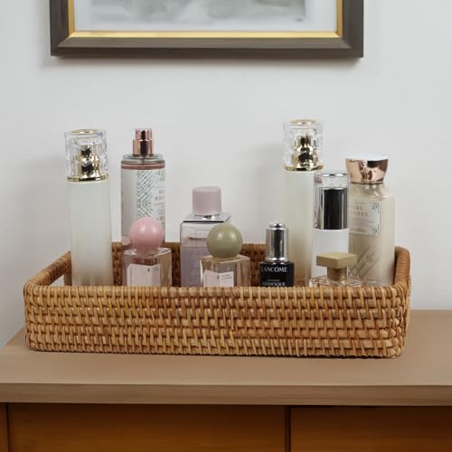 Rattan Serving Tray, Rectangle Coffee Table Tray with Handles, Decorative Ottoman Tea Tray Wicker Basket for Coffee, Bread, Fruits, Snacks, Breakfast, Drinks, Table Decor - size: 14.5" x 9.2" x 2.6"