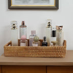 Rattan Serving Tray, Rectangle Coffee Table Tray with Handles, Decorative Ottoman Tea Tray Wicker Basket for Coffee, Bread, Fruits, Snacks, Breakfast, Drinks, Table Decor - size: 14.5" x 9.2" x 2.6"