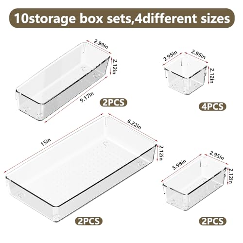 Clear Plastic Drawer Organizer Set with 15 Inch Extra Long Bins, 4 Sizes Large Acrylic Organizers for Kitchen Utensils, Bathroom Trays and Makeup Storage - style: 10pcs with 15inches organizer