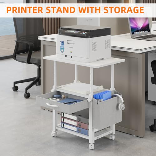 YAOHUOO Large 22"x15" Printer Stand, 3-Tier Height Adjustable with Storage Drawer & Side Bag, Rolling Cart for Heat Press/Laser/3D Printer (White) - color: White, size: 3-Tier