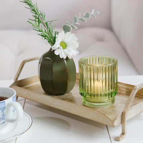 Kate Aspen Vintage Ribbed Glass Candle Holder Decor, Green Votive Candle Holders for Holiday Table Decor, Tealight Candles Holder Glass (Set of 6), Dinning & Christmas Table Decoration Tablescape - color: Green