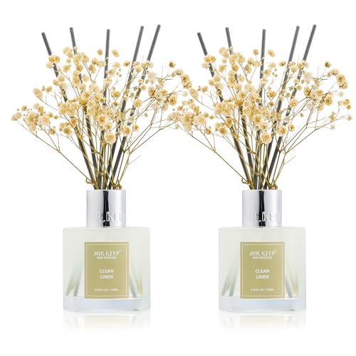 Airkeep Reed Diffuser 3.38 oz (100ml) 2pk, Clean Linen Scented Reed Diffuser Set,Reed Diffuser & Oil Diffuser Sticks, Aromatherapy, Airkeep Reed Diffuser Set Box 2-Clean Linen - size: Real Flower/3.38Ounce/2pack