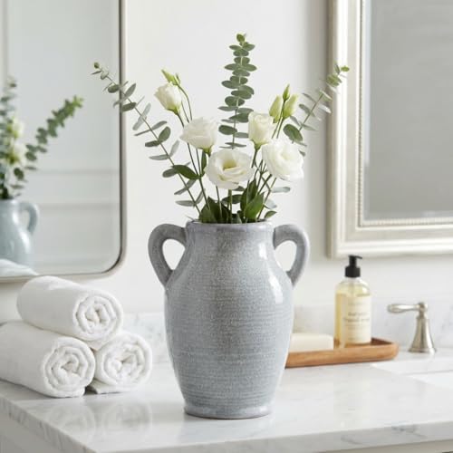 Sunddo Blue Ceramic Vase with 2 Handles, Modern Pottery Flower Vase, Texture Decorative Vases for Pampas Grass, Farmhouse Decor, Centerpiece for Dining Table Console Shelf Bookshelf Mantle - color: Light Blue - 8, size: 8 Inch