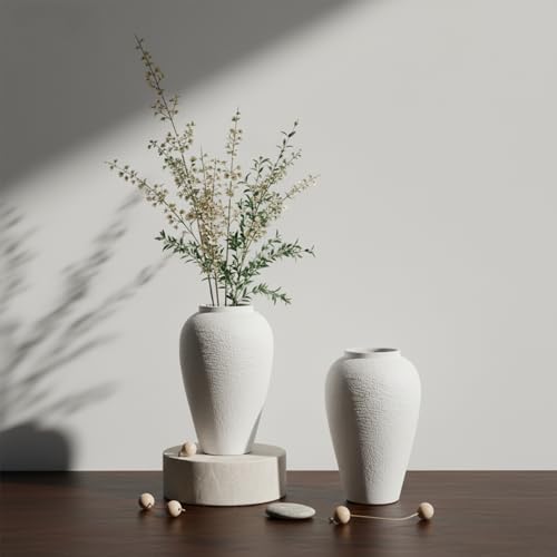 Vintage Ceramic Vase, Minimalist Texture Stone Patterned White Flower Vase, Decorative Vase for Living Room Shelf Farmhouse Dining Table Centerpiece Decor (White Texture 10.4'') - size: White Texture 10.4''