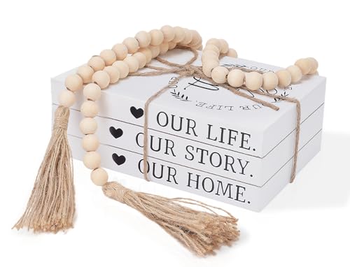 Decorative Books for Home Decor, Faux Books for Decoration, Rustic Farmhouse Decor, Fake Books with 52in Wood Beads Garland, Book Decor for Living Room Coffee Table (Our Life, Our Story, Our Home) - color: Our Life, Our Story, Our Home